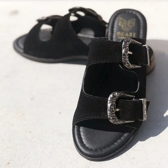 NEW Black Faux Suede Western Metal Buckled Straps Slides Slip On Sandals Shoes - Picture 6 of 12